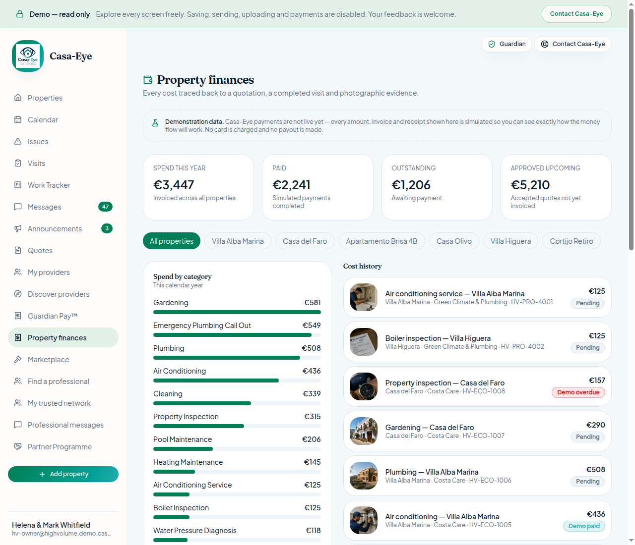 Quote and finance view with scope, cost and property context