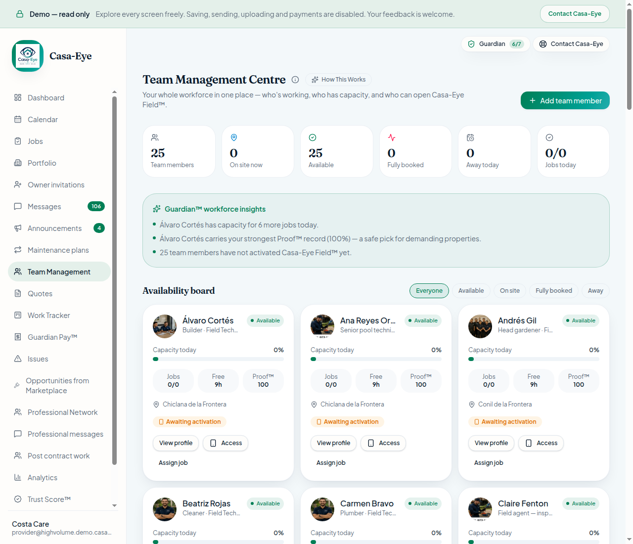 Capacity planner showing team availability and scheduled visits