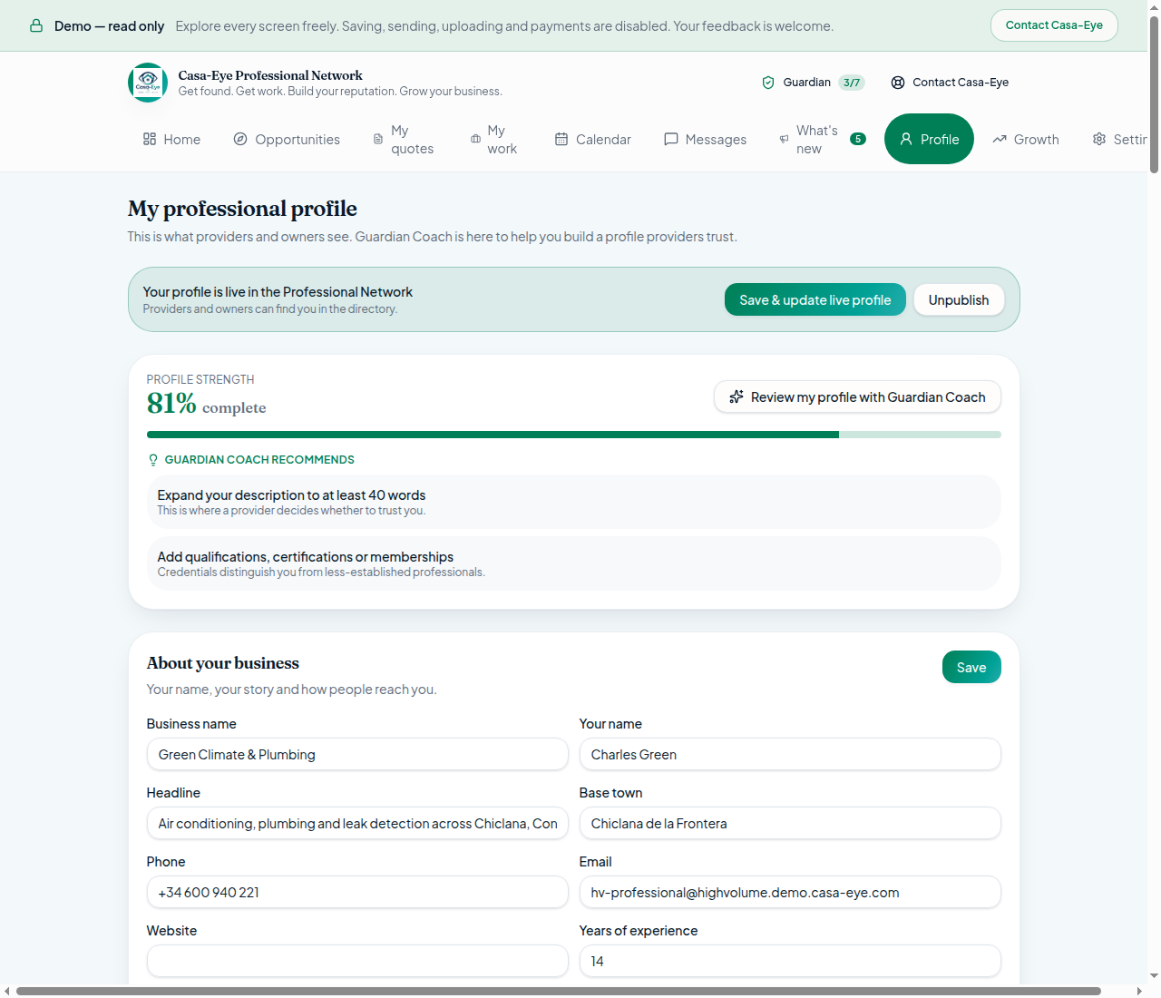 Professional profile showing services, working area and credentials