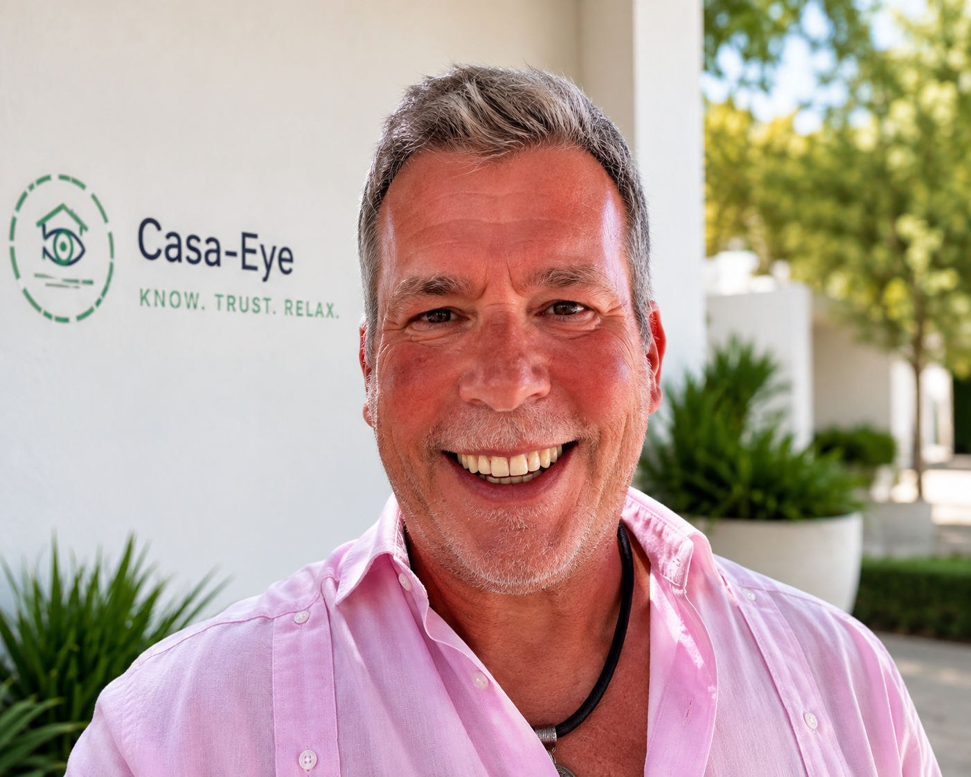 The founder of Casa-Eye beside the Casa-Eye sign