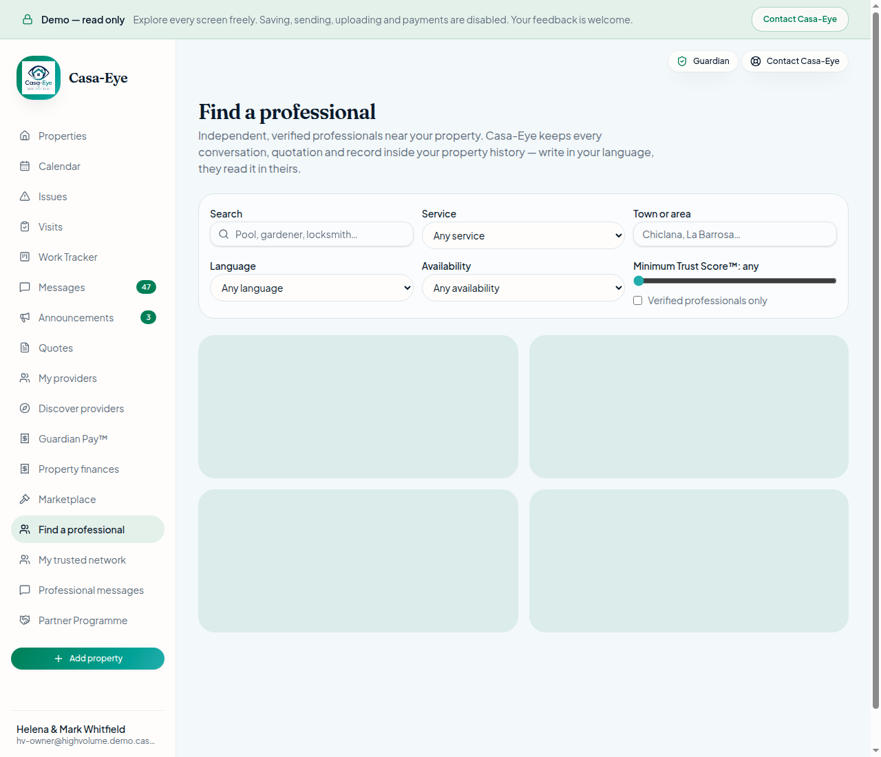 Connected network view showing owners, providers and professionals