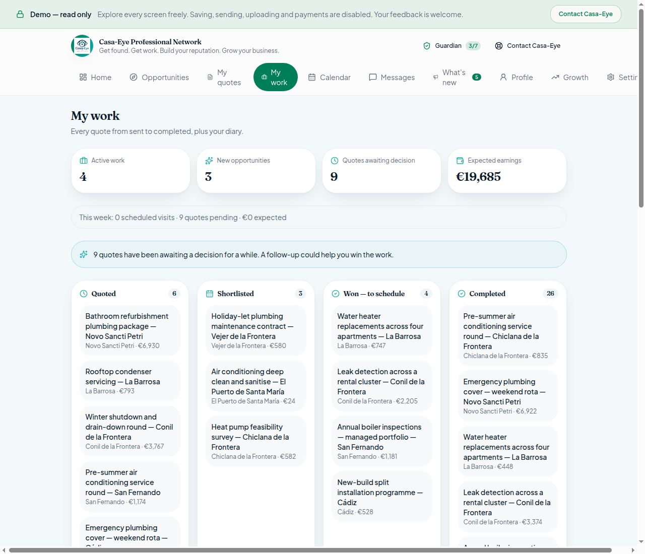 Professional work pipeline showing booked, in-progress and completed jobs