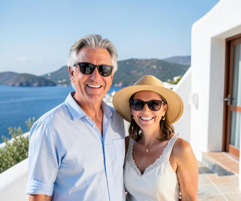 A happy couple on the terrace of their Mediterranean home by the sea