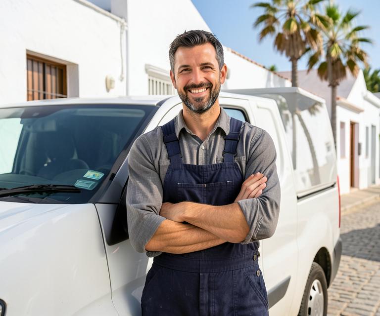 A smiling tradesman in overalls standing by his work van on a sunny Andalusian street