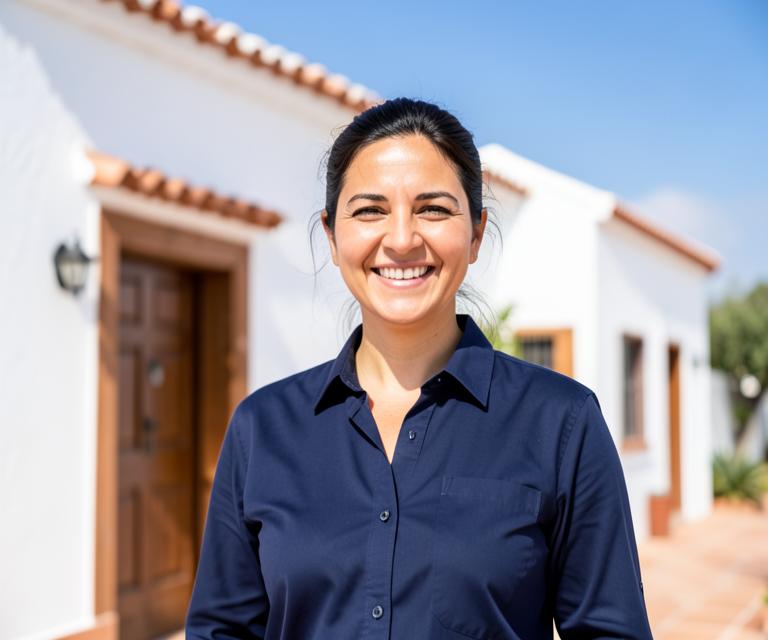 A home care provider smiling outside a whitewashed Andalusian villa