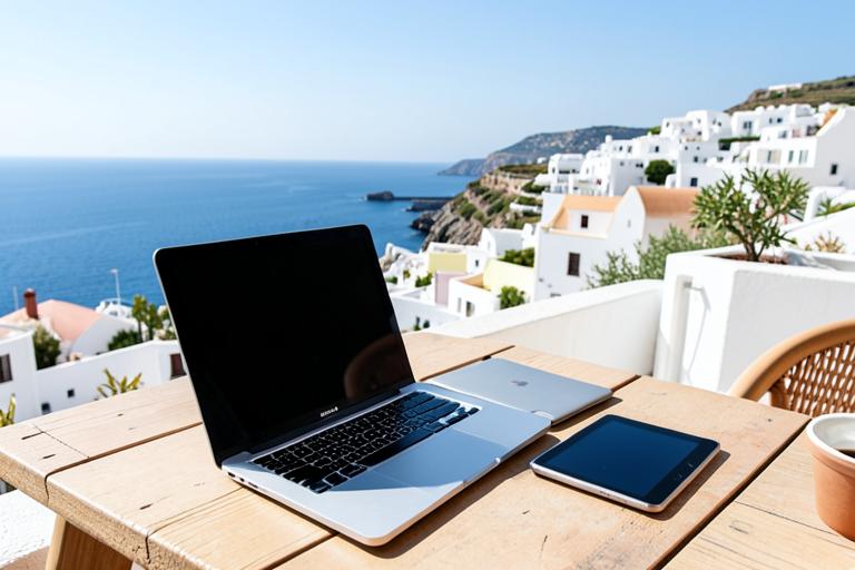 A laptop and tablet on a terrace overlooking the sea