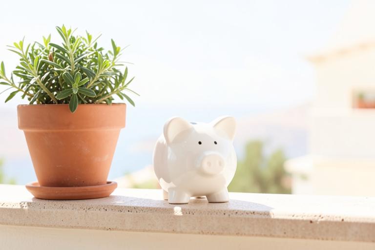 A piggy bank on a sunlit terrace ledge